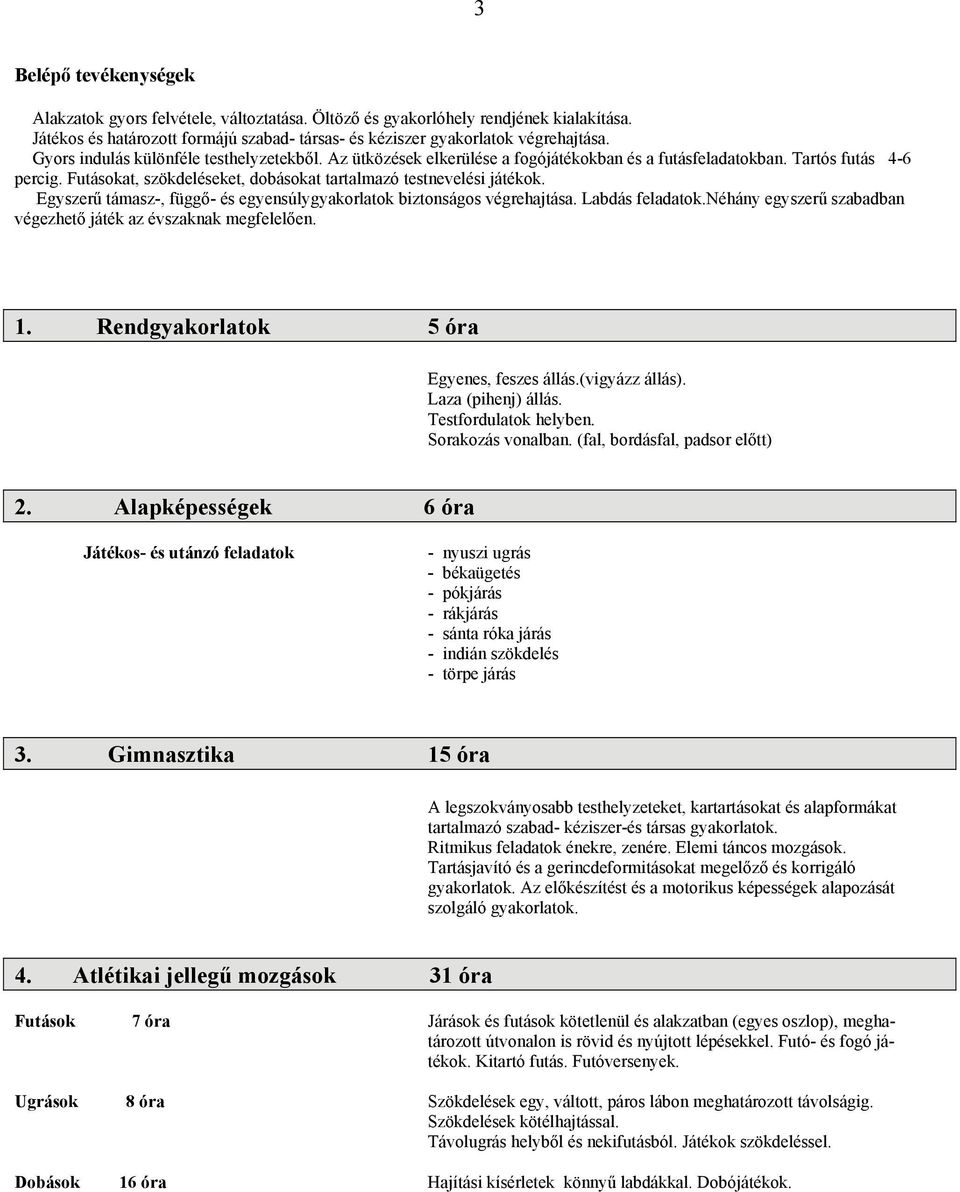 Egyszerű támasz-, függő- és egyensúlygyakorlatok biztonságos végrehajtása. Labdás feladatok.néhány egyszerű szabadban végezhető játék az évszaknak megfelelően. 1.