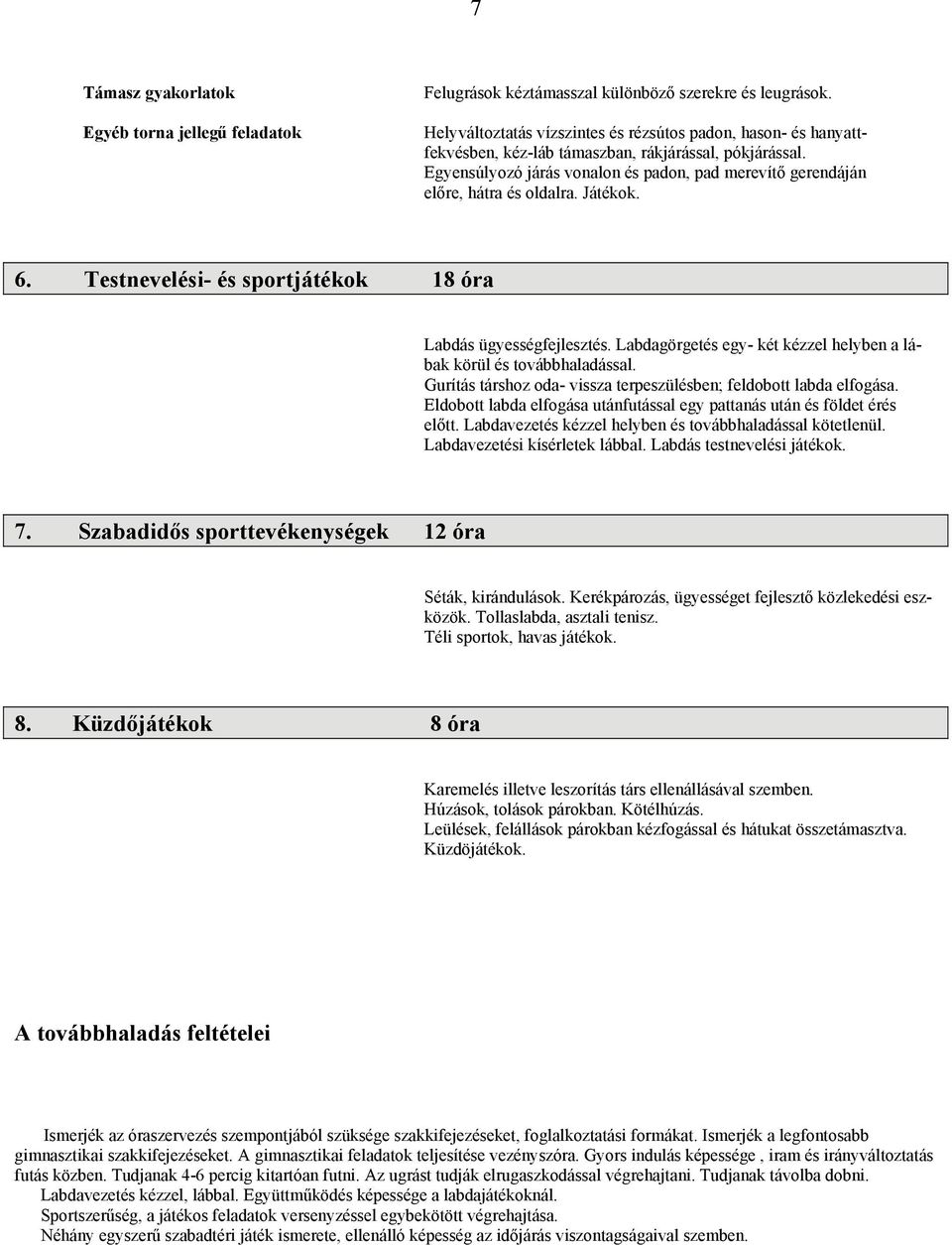 Egyensúlyozó járás vonalon és padon, pad merevítő gerendáján előre, hátra és oldalra. Játékok. 6. Testnevelési- és sportjátékok 18 óra Labdás ügyességfejlesztés.