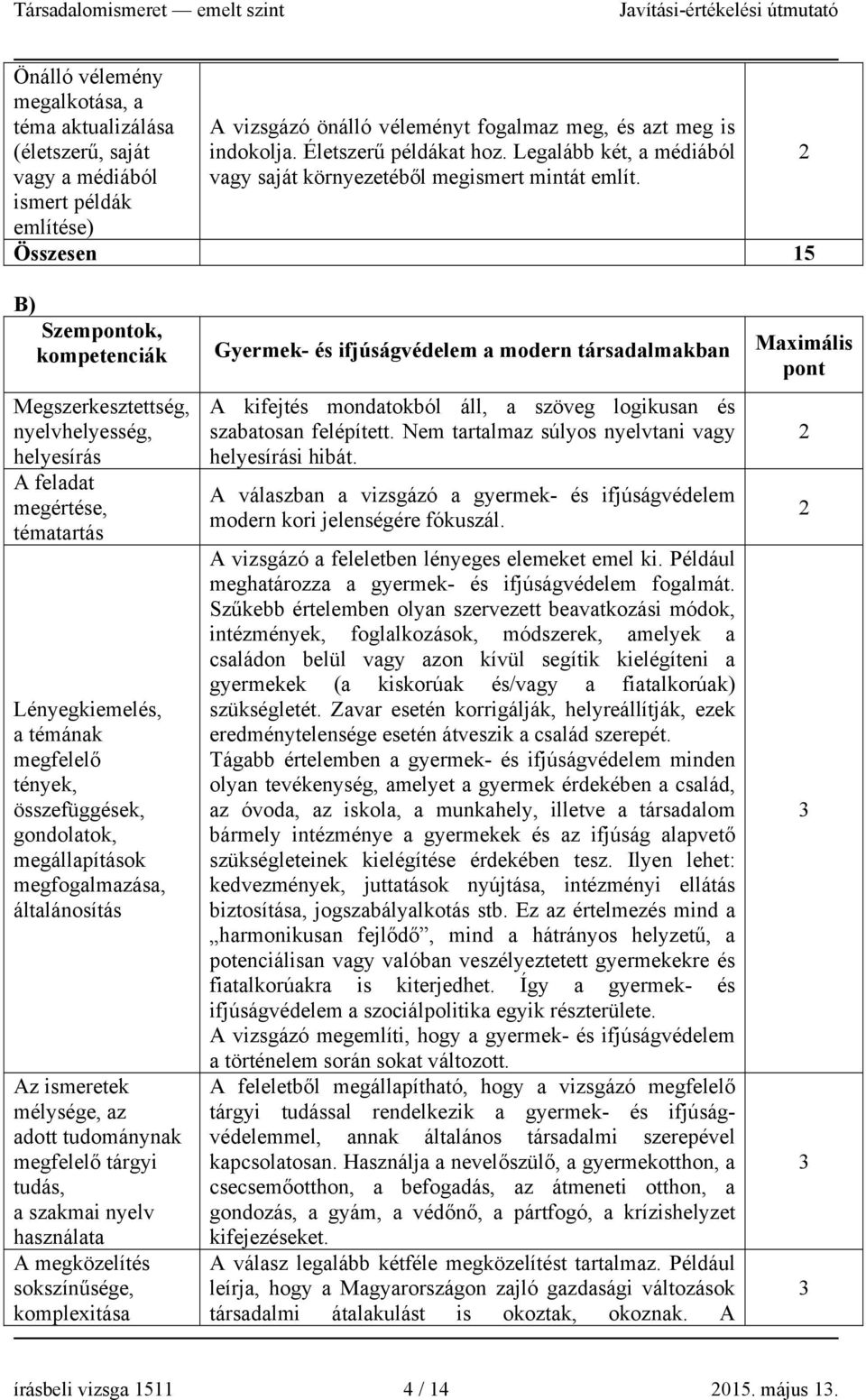 Összesen 5 B) Szemok, Gyermek- és ifjúságvédelem a modern társadalmakban A feladat megértése, tématartás Lényegkiemelés, a témának megfelelő tények, összefüggések, megfogalmazása, általánosítás Az