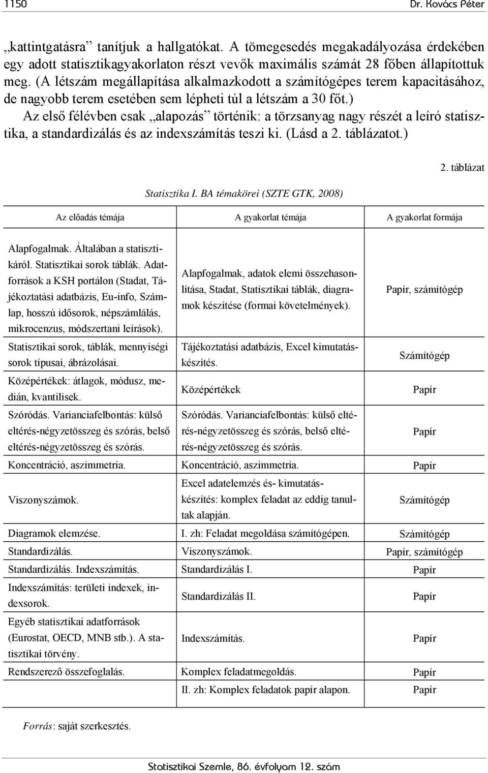 ) Az első félévben csak alapozás történik: a törzsanyag nagy részét a leíró statisztika, a standardizálás és az indexszámítás teszi ki. (Lásd a 2. táblázatot.) Statisztika I.