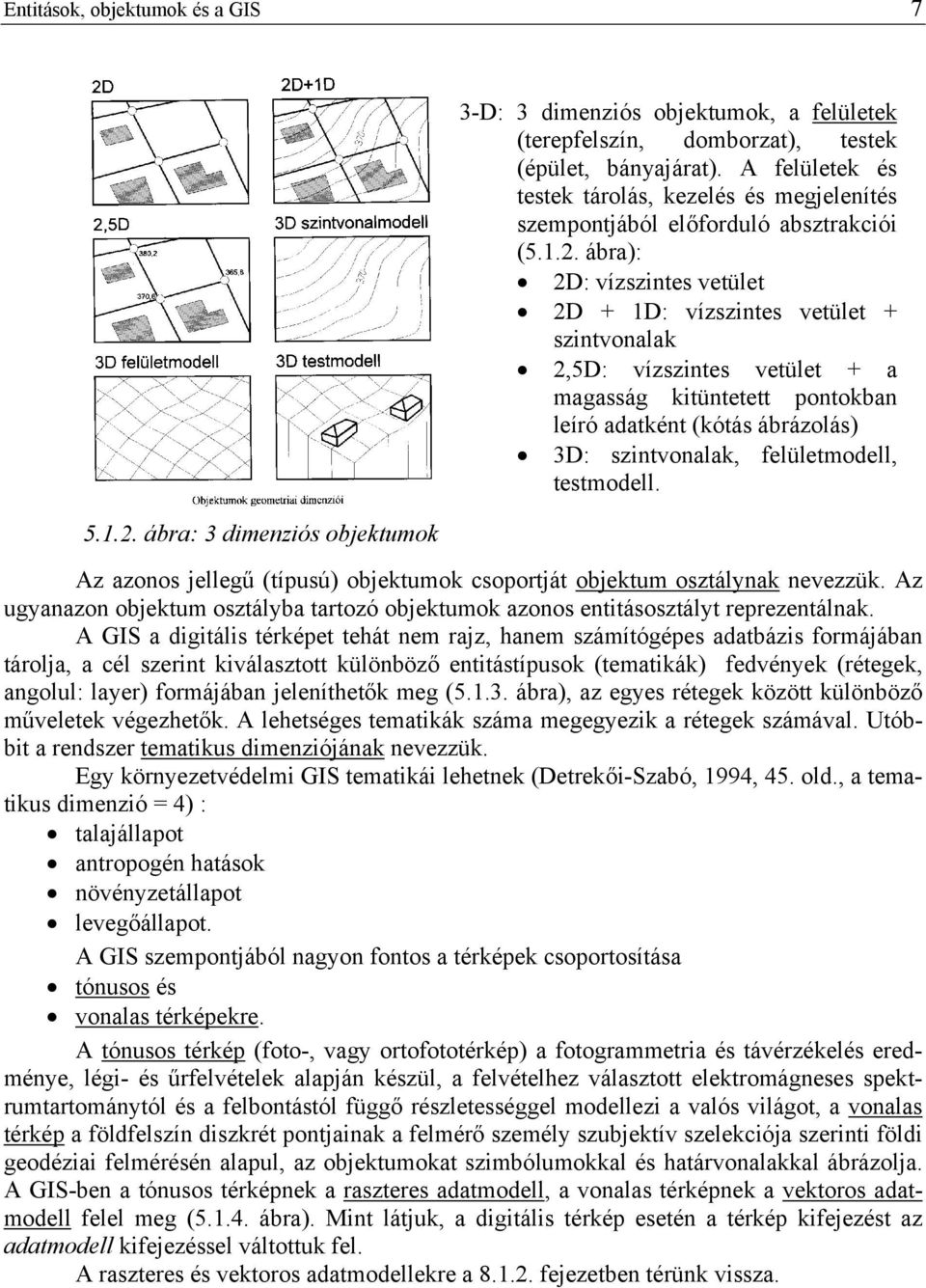 ábra): 2D: vízszntes vetület 2D + D: vízszntes vetület + szntvonalak 2,5D: vízszntes vetület + a magasság ktüntetett pontokban leíró adatként (kótás ábrázolás) 3D: szntvonalak, felületmodell,