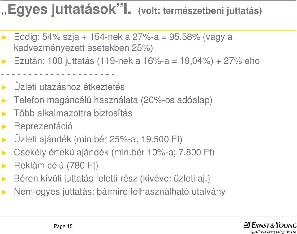 Üzleti utazáshoz étkeztetés Telefon magáncélú használata (20%-os adóalap) Több alkalmazottra biztosítás Reprezentáció Üzleti ajándék (min.