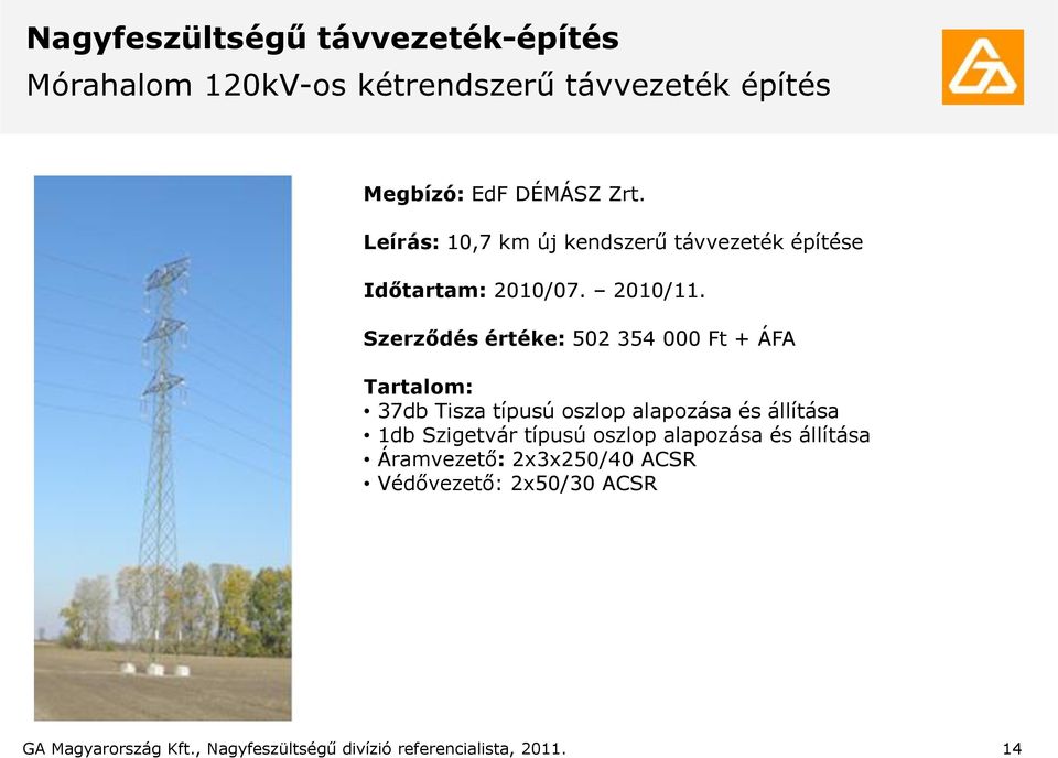 Szerződés értéke: 502 354 000 Ft + ÁFA Tartalom: 37db Tisza típusú oszlop alapozása és állítása 1db Szigetvár