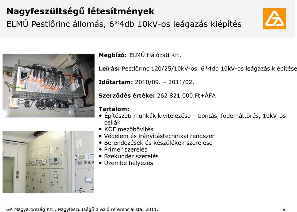 Szerződés értéke: 262 821 000 Ft+ÁFA Tartalom: Építészeti munkák kivitelezése bontás, födémáttörés, 10kV-os cellák KÖF mezőbővítés