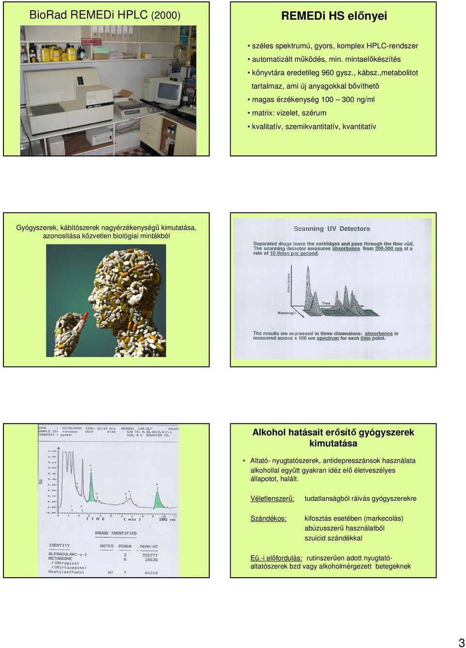 kimutatása, azonosítása közvetlen biológiai mintákból Alkohol hatásait erősítő gyógyszerek kimutatása Altató- nyugtatószerek, antidepresszánsok használata alkohollal együtt gyakran idéz elő