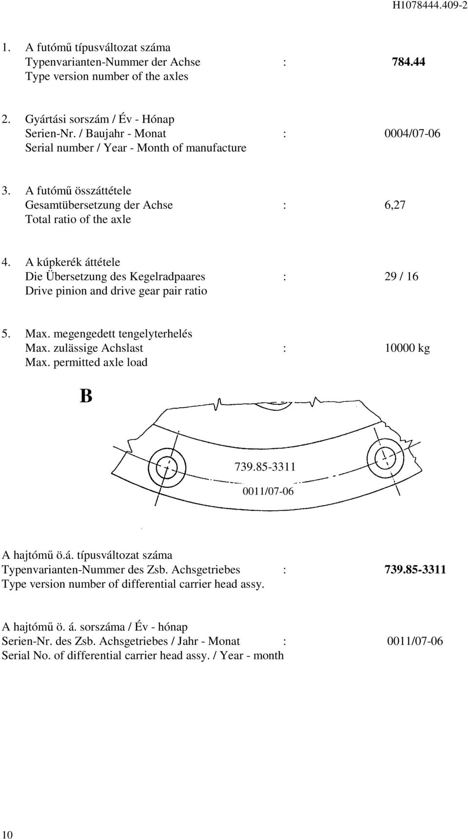A kúpkerék áttétele Die Übersetzung des Kegelradpaares : / 6 Drive pinion and drive gear pair ratio. Ma. megengedett tengelyterhelés Ma. zulässige Achslast : 0000 kg Ma. permitted ale load B 68.