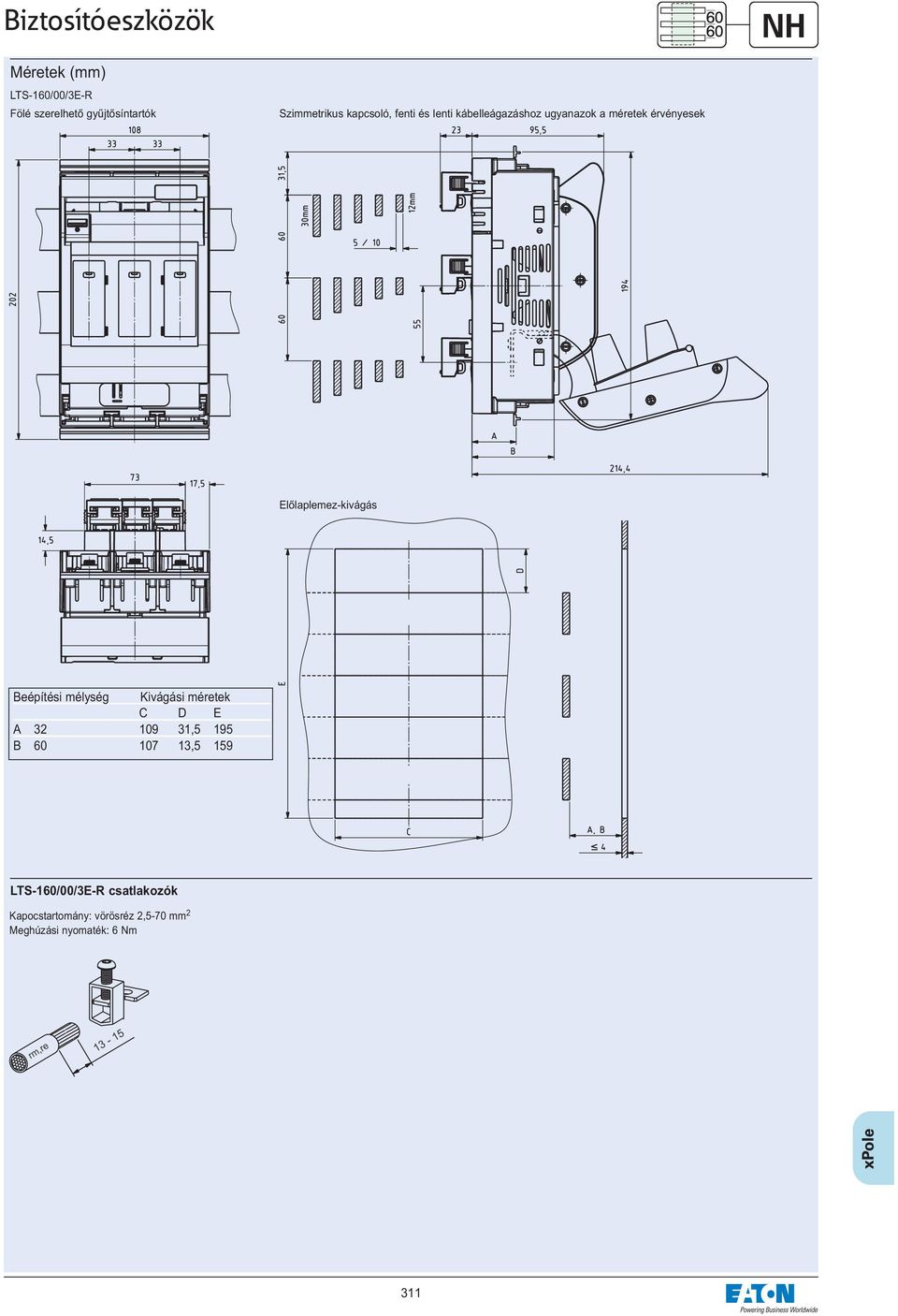 Beépítési mélység Kivágási méretek C D E A 32 109 31,5 195 B 60 107 13,5 159