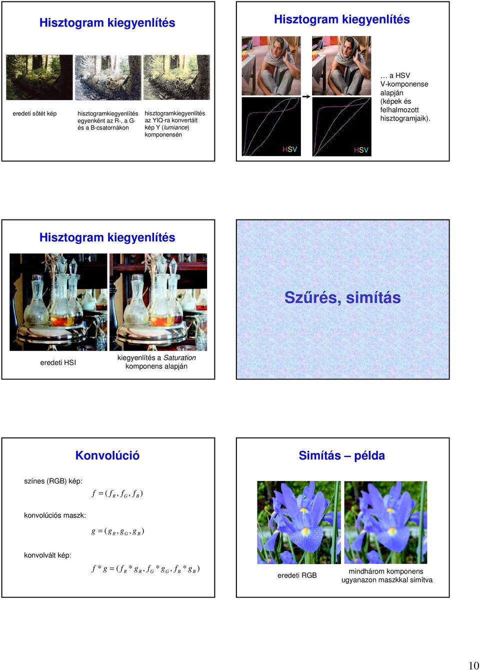 HSV HSV Hisztogram kiegyenlítés Szőrés, simítás eredeti HSI kiegyenlítés a Saturation komponens alapján Konvolúció Simítás példa színes (RGB) kép: f =