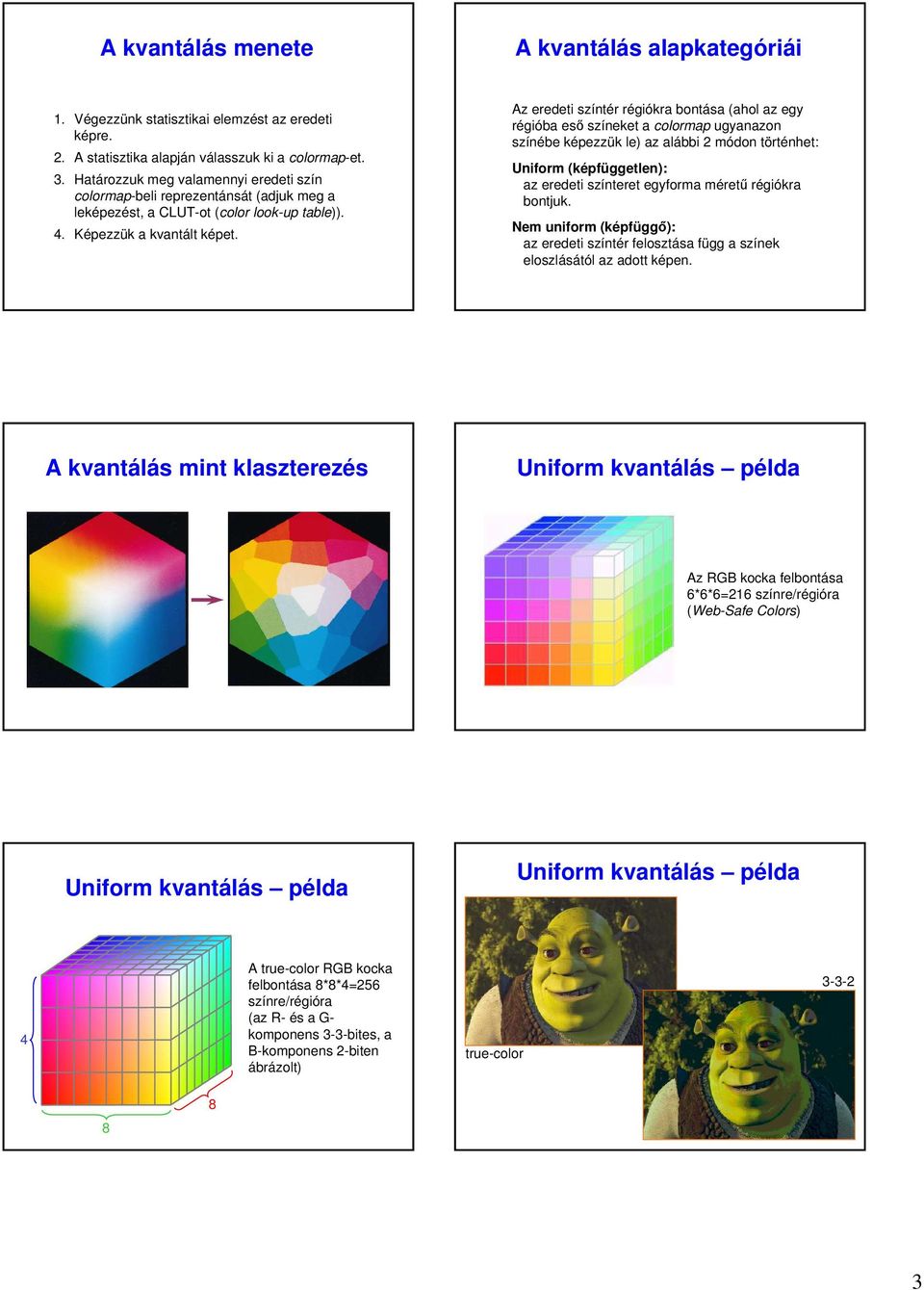 Az eredeti színtér régiókra bontása (ahol az egy régióba esı színeket a colormap ugyanazon színébe képezzük le) az alábbi 2 módon történhet: Uniform (képfüggetlen): az eredeti színteret egyforma