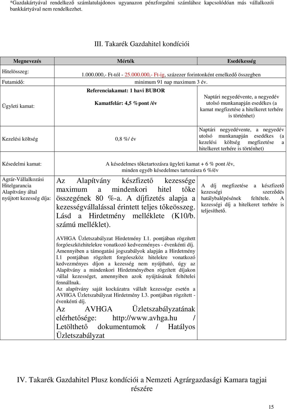 Referenciakamat: 1 havi BUBOR Kamatfelár: 4,5 %pont /év Naptári negyedévente, a negyedév utolsó munkanapján esedékes (a kamat megfizetése a hitelkeret terhére is történhet) Kezelési költség 0,8 %/ év