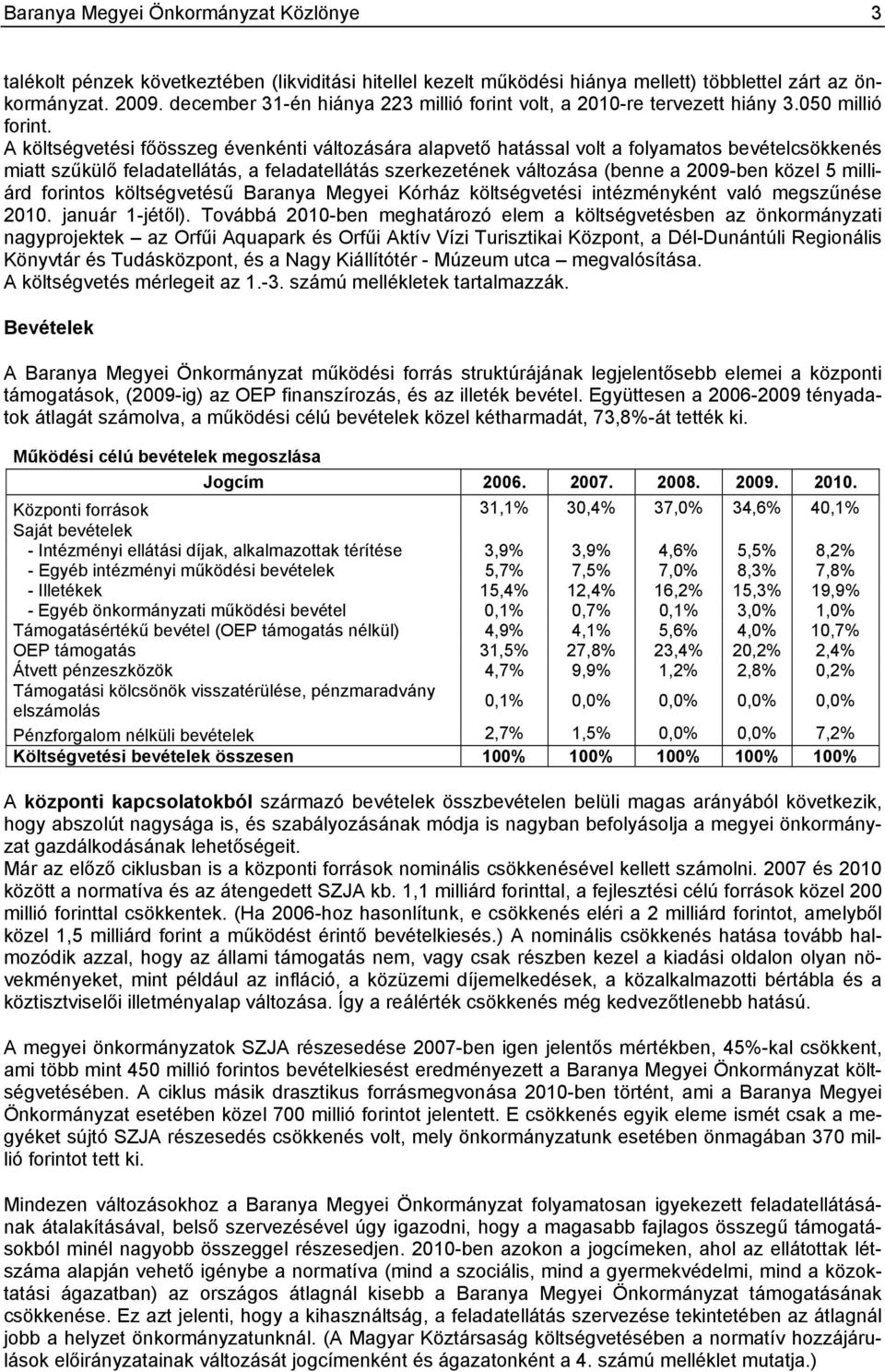 A költségvetési főösszeg évenkénti változására alapvető hatással volt a folyamatos bevételcsökkenés miatt szűkülő feladatellátás, a feladatellátás szerkezetének változása (benne a 2009-ben közel 5