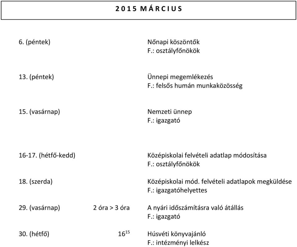 (hétfő kedd) Középiskolai felvételi adatlap módosítása 18. (szerda) Középiskolai mód.