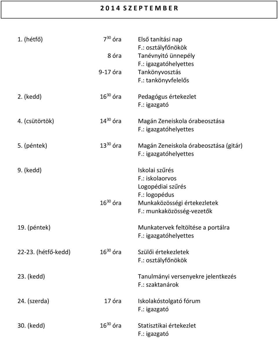 (kedd) Iskolai szűrés F.: iskolaorvos Logopédiai szűrés F.: logopédus 16 30 óra Munkaközösségi értekezletek F.: munkaközösség vezetők 19.