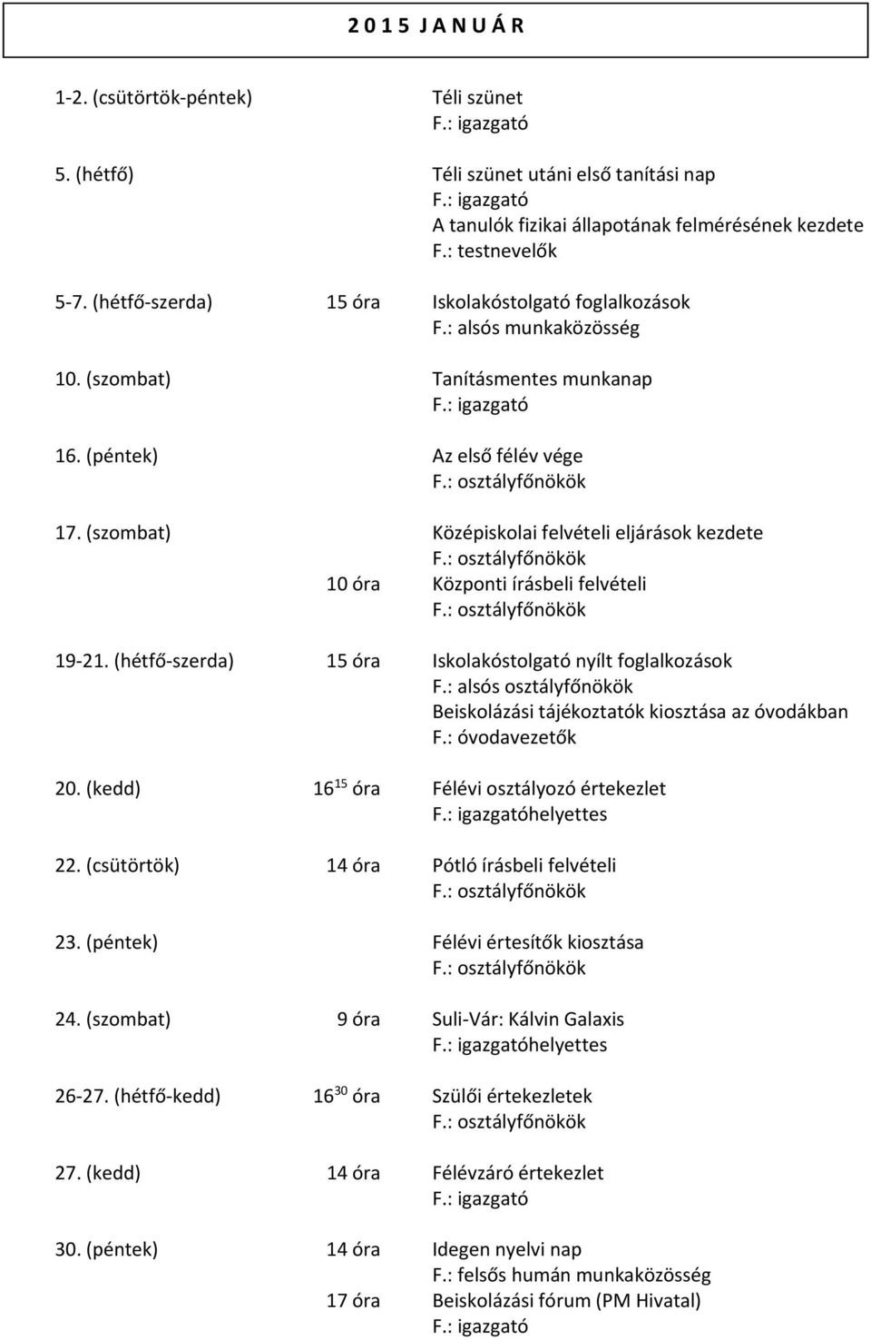 (szombat) Középiskolai felvételi eljárások kezdete 10 óra Központi írásbeli felvételi 19 21. (hétfő szerda) 15 óra Iskolakóstolgató nyílt foglalkozások F.