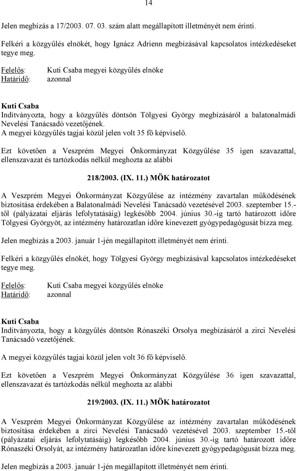 A megyei közgyűlés tagjai közül jelen volt 35 fő képviselő. Ezt követően a Veszprém Megyei Önkormányzat Közgyűlése 35 igen szavazattal, ellenszavazat és tartózkodás nélkül meghozta az alábbi 218/2003.