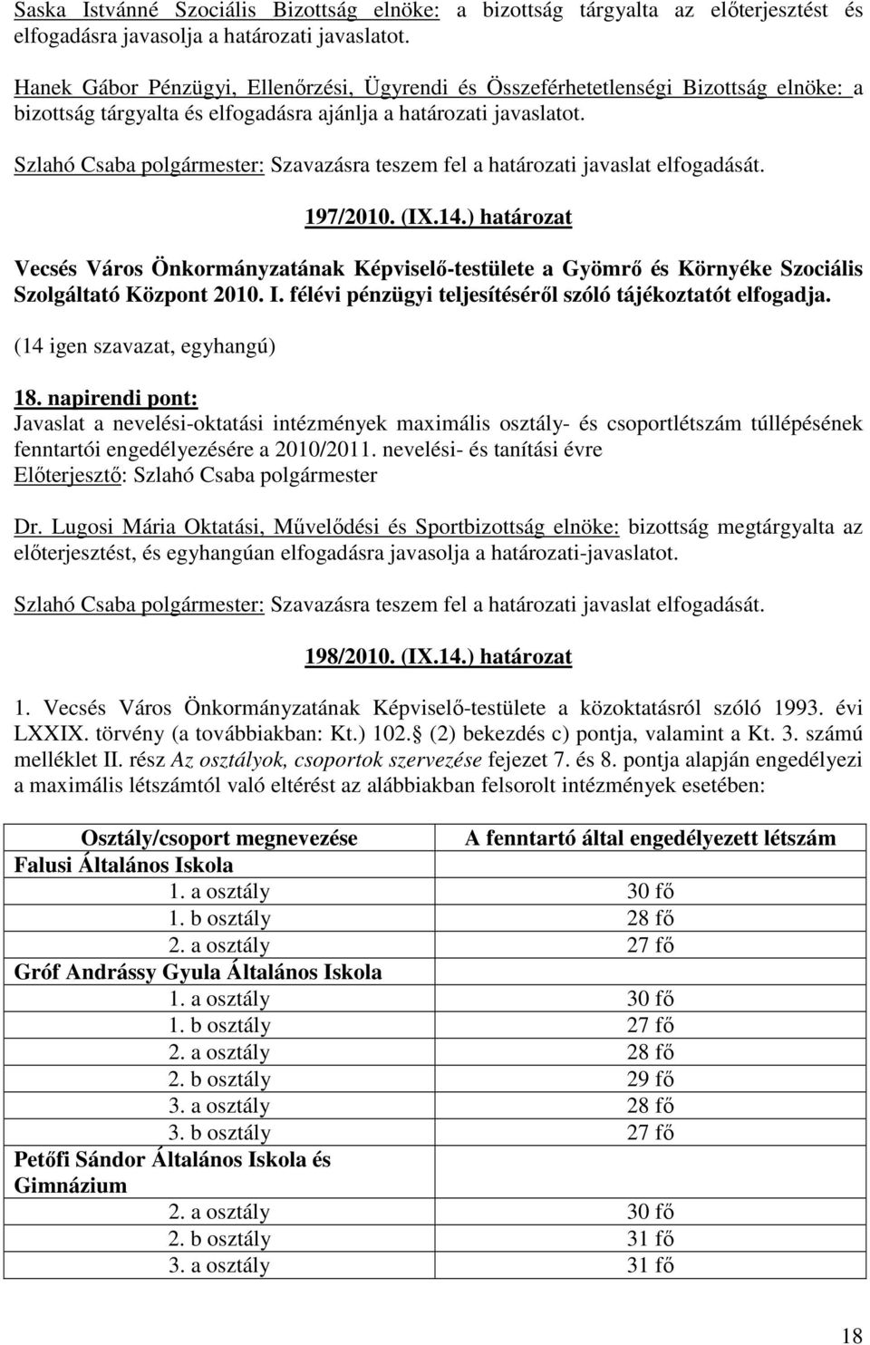 ) határozat Vecsés Város Önkormányzatának Képviselı-testülete a Gyömrı és Környéke Szociális Szolgáltató Központ 2010. I. félévi pénzügyi teljesítésérıl szóló tájékoztatót elfogadja. 18.