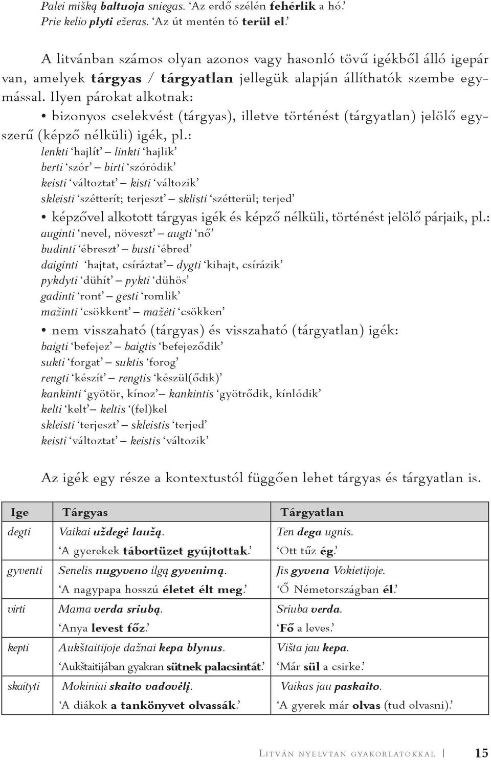 Ilyen párokat alkotnak: bizonyos cselekvést (tárgyas), illetve történést (tárgyatlan) jelölő egyszerű (képző nélküli) igék, pl.