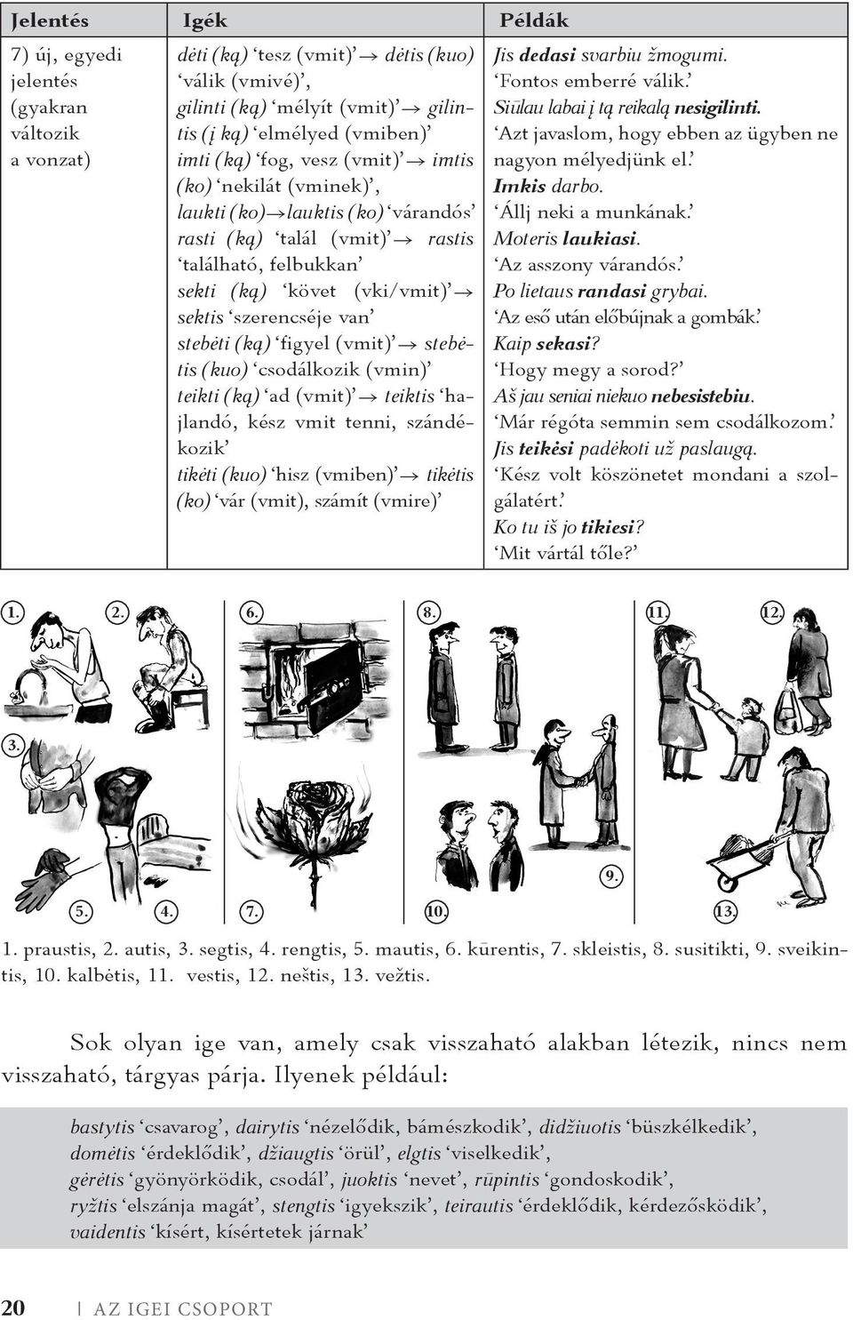 (vmit) stebėtis (kuo) csodálkozik (vmin) teikti (ką) ad (vmit) teiktis hajlandó, kész vmit tenni, szándékozik tikėti (kuo) hisz (vmiben) tikėtis (ko) vár (vmit), számít (vmire) Jis dedasi svarbiu