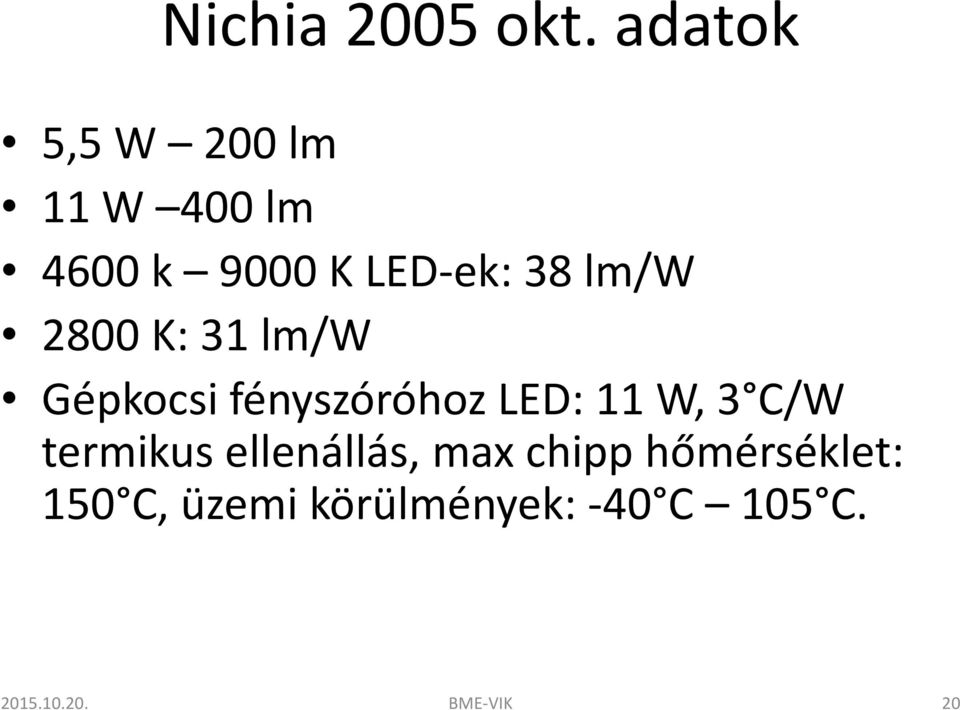 38 lm/w 2800 K: 31 lm/w Gépkocsi fényszóróhoz LED: 11