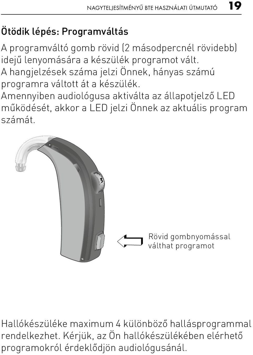 Amennyiben audiológusa aktiválta az állapotjelző LED működését, akkor a LED jelzi Önnek az aktuális program számát.