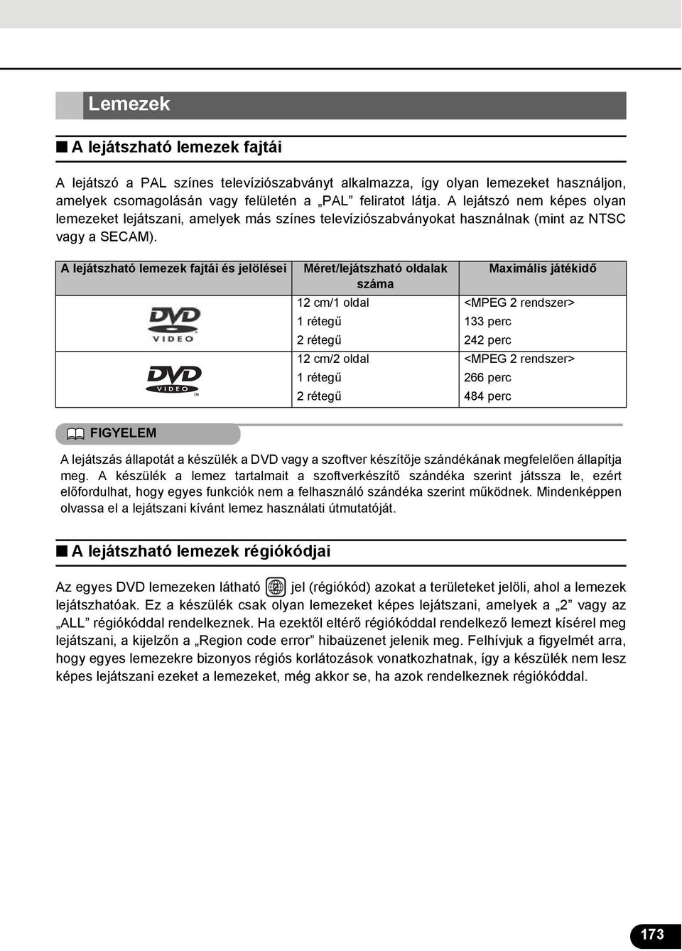 A lejátszható lemezek fajtái és jelölései Méret/lejátszható oldalak száma cm/ oldal rétegű rétegű cm/ oldal rétegű rétegű Maximális játékidő <MPEG rendszer> perc 4 perc <MPEG rendszer> 66 perc 484