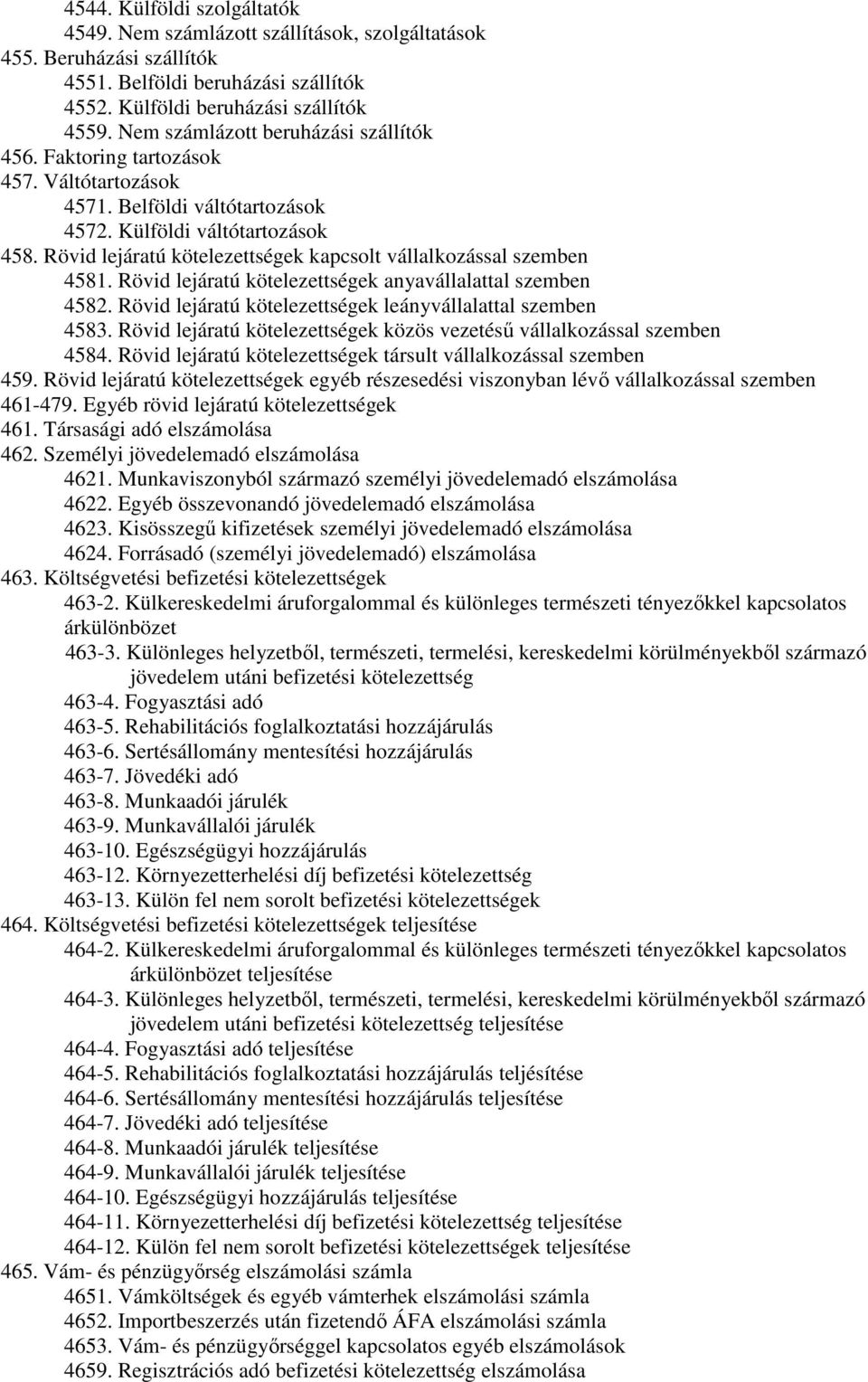 Rövid lejáratú kötelezettségek kapcsolt vállalkozással szemben 4581. Rövid lejáratú kötelezettségek anyavállalattal szemben 4582. Rövid lejáratú kötelezettségek leányvállalattal szemben 4583.