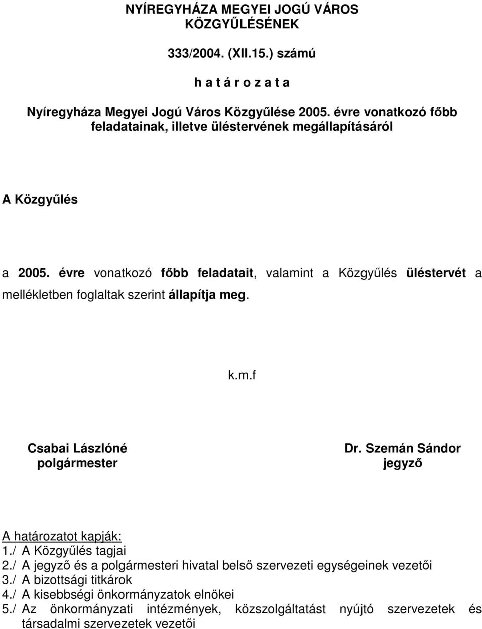 évre vonatkozó főbb feladatait, valamint a Közgyűlés üléstervét a mellékletben foglaltak szerint állapítja meg. k.m.f Csabai Lászlóné polgármester Dr.