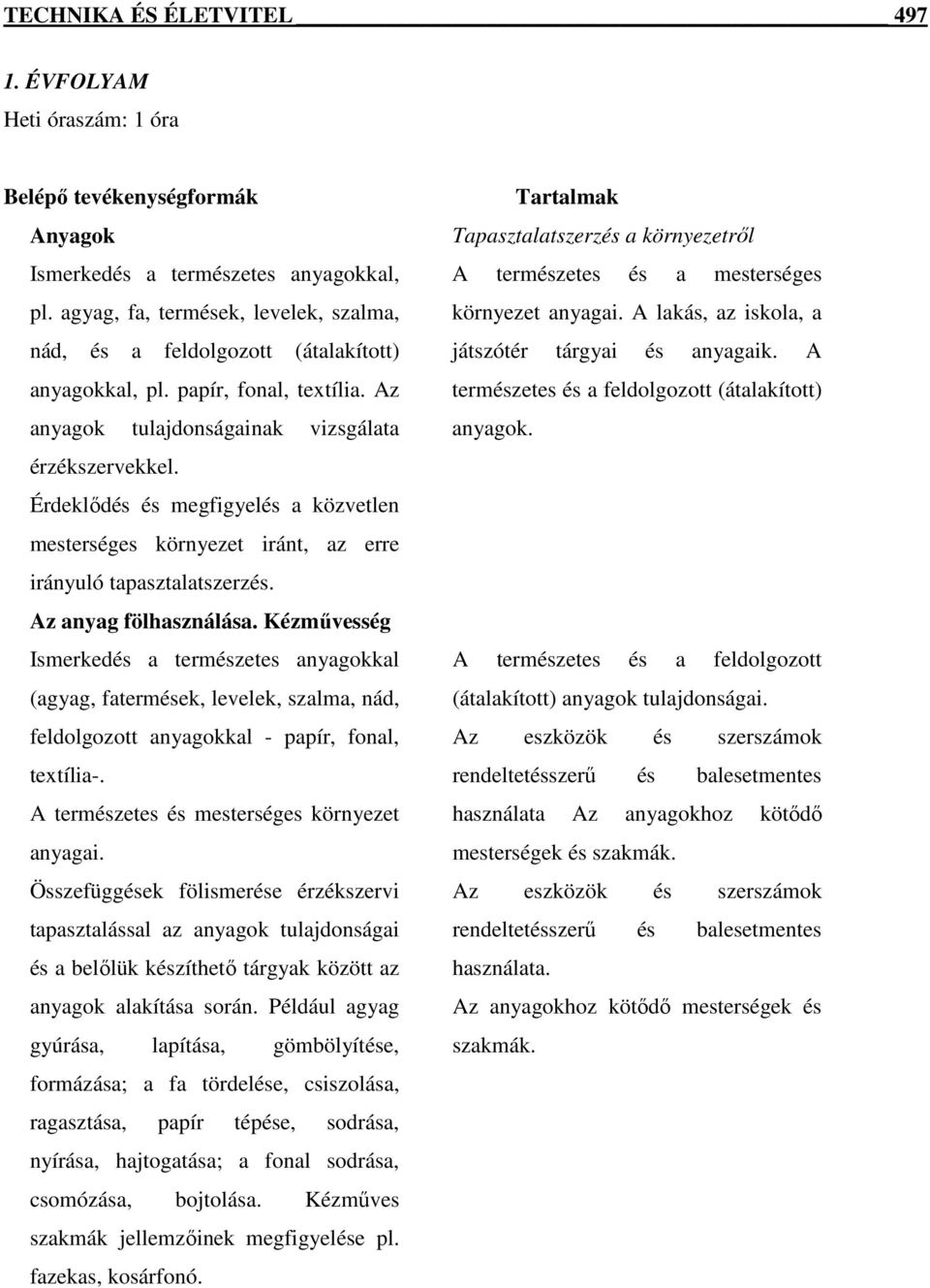 Érdeklıdés és megfigyelés a közvetlen mesterséges környezet iránt, az erre irányuló tapasztalatszerzés. Az anyag fölhasználása.