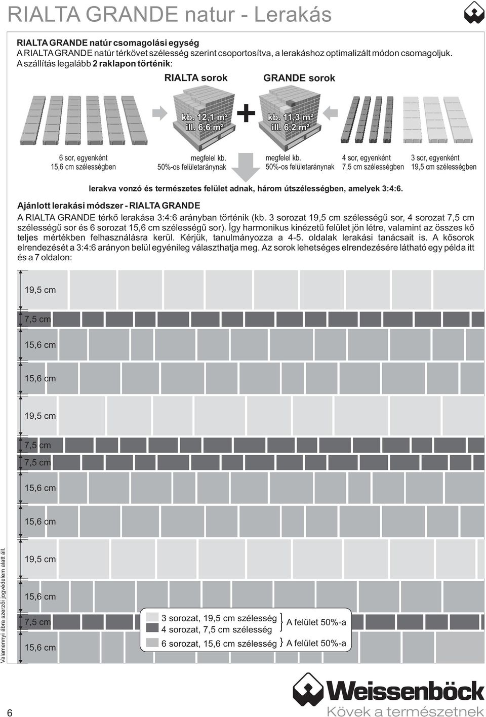 50%-os felületaránynak 4 sor, egyenként szélességben 3 sor, egyenként szélességben lerakva vonzó és természetes felület adnak, három útszélességben, amelyek 3:4:6.