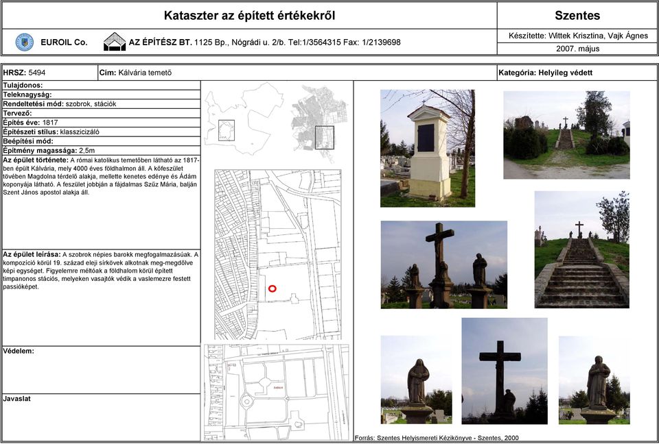 A kőfeszület tövében Magdolna térdelő alakja, mellette kenetes edénye és Ádám koponyája látható. A feszület jobbján a fájdalmas Szűz Mária, balján Szent János apostol alakja áll.