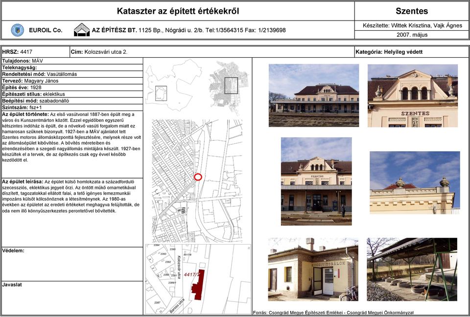 vasútvonal 1887-ben épült meg a város és Kunszentmárton között. Ezzel egyidőben egyszerű kétszintes indóház is épült, de a növekvő vasúti forgalom miatt ez hamarosan szűknek bizonyult.