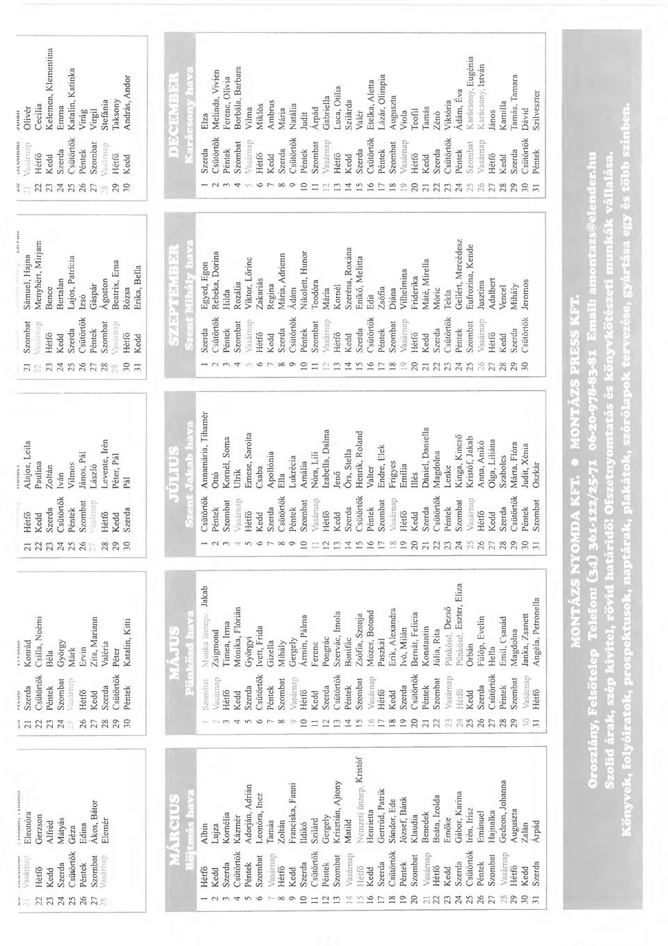 Hétfő Cecília 23 Kedd Alfréd 23 Péntek Béla 23 Szerda Zoltán 23 Hétfő Bence 23 Kedd 24 Szerda Mátyás Szombat 24 György 24 Csütörtök Iván 24 Kedd Bertalan 24 Szerda Emma 25 25 Vilmos 25 Szerda 25