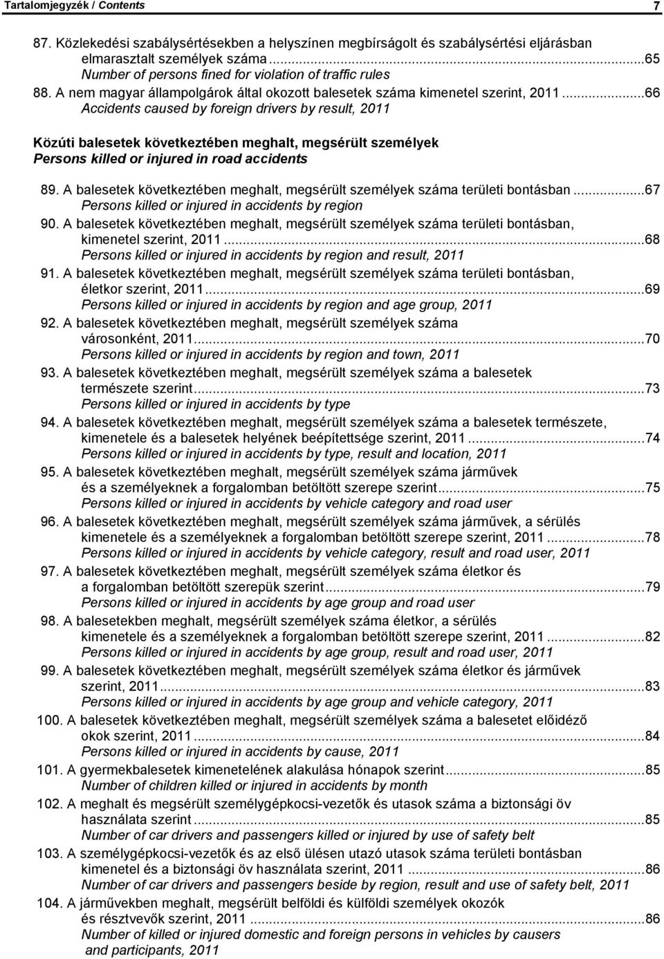 ..66 Accidents caused by foreign drivers by result, 2011 Közúti balesetek következtében meghalt, megsérült személyek Persons killed or injured in road accidents 89.