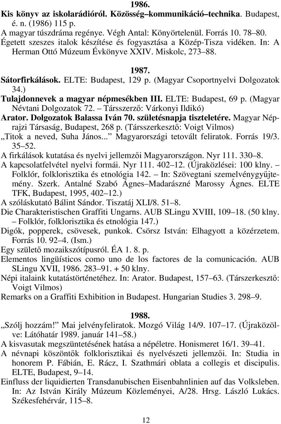 (Magyar Csoportnyelvi Dolgozatok 34.) Tulajdonnevek a magyar népmesékben III. ELTE: Budapest, 69 p. (Magyar Névtani Dolgozatok 72. Társszerző: Várkonyi Ildikó) Arator. Dolgozatok Balassa Iván 70.