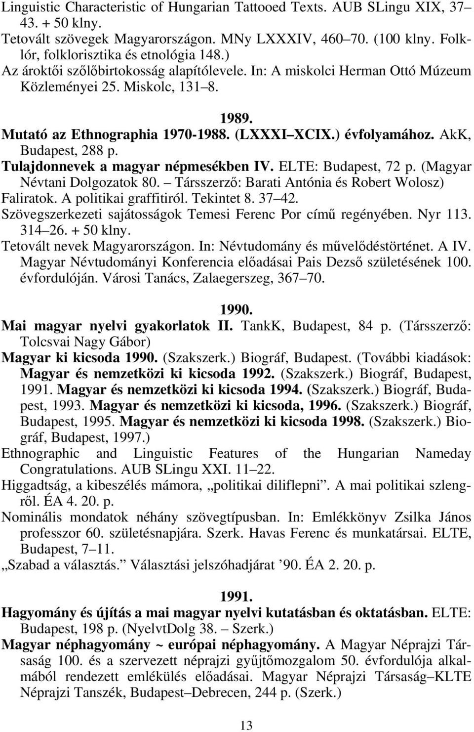 Tulajdonnevek a magyar népmesékben IV. ELTE: Budapest, 72 p. (Magyar Névtani Dolgozatok 80. Társszerző: Barati Antónia és Robert Wolosz) Faliratok. A politikai graffitiról. Tekintet 8. 37 42.