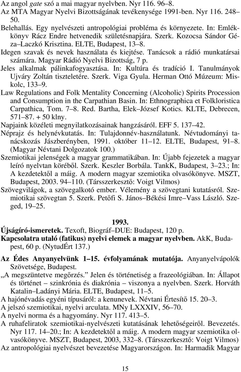 Tanácsok a rádió munkatársai számára. Magyar Rádió Nyelvi Bizottság, 7 p. Jeles alkalmak pálinkafogyasztása. In: Kultúra és tradíció I. Tanulmányok Ujváry Zoltán tiszteletére. Szerk. Viga Gyula.