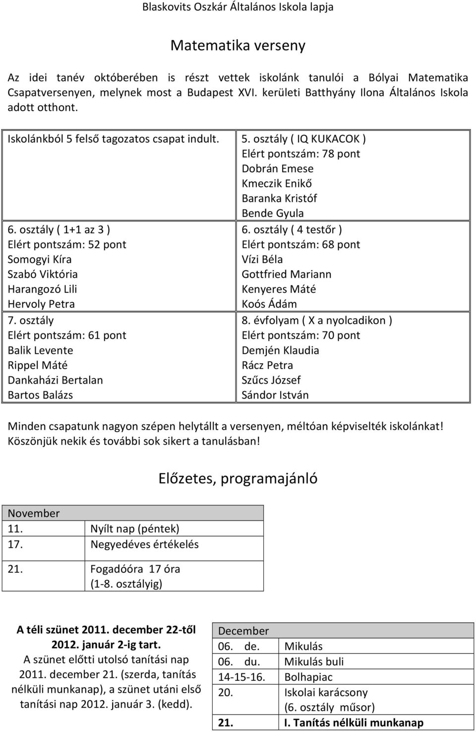 osztály ( 1+1 az 3 ) Elért pontszám: 52 pont Somogyi Kíra Szabó Viktória Harangozó Lili Hervoly Petra 7. osztály Elért pontszám: 61 pont Balik Levente Rippel Máté Dankaházi Bertalan Bartos Balázs 6.