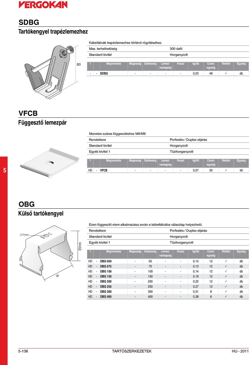 HD - VFCB - - - - 0,07 30 P klt OBG Külső tartókengyel Ezen függesztő elem alkalmazása során a kábeltálcába válaszlap helyezhető.