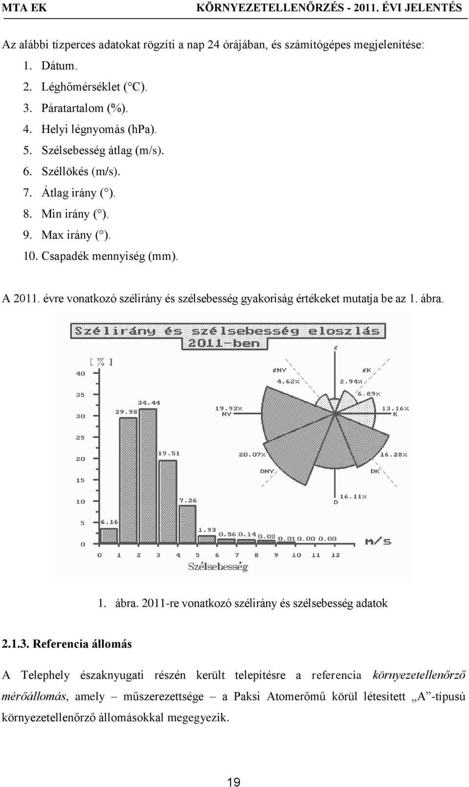 évre vonatkozó szélirány és szélsebesség gyakoriság értékeket mutatja be az 1. ábra. 1. ábra. 2011-re vonatkozó szélirány és szélsebesség adatok 2.1.3.