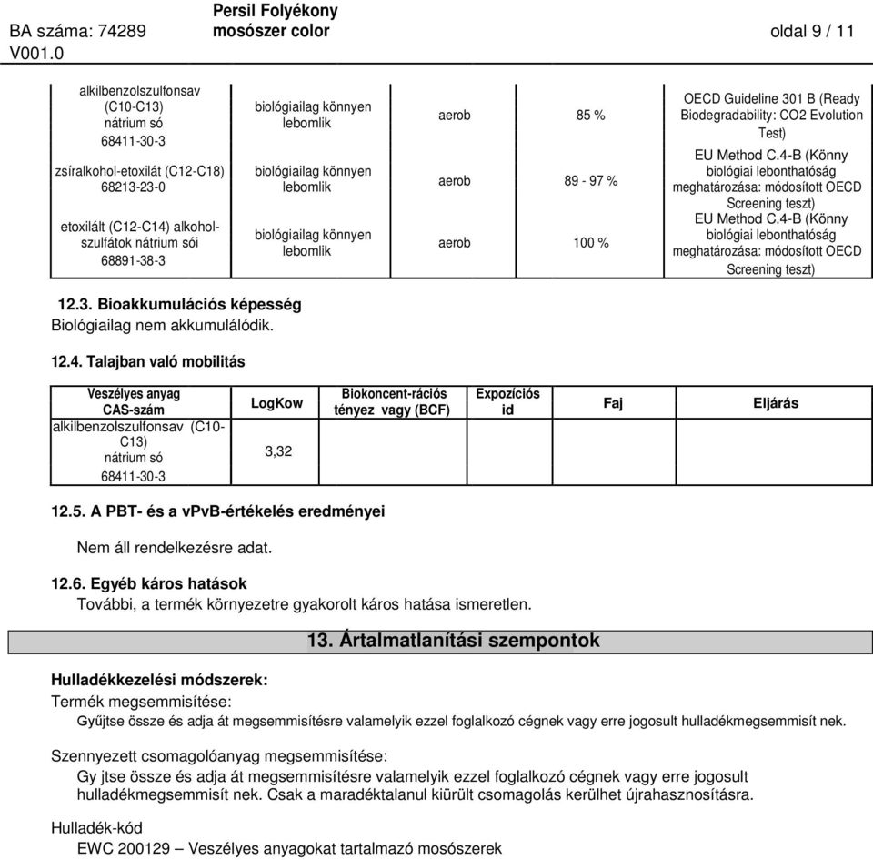 4-B (Könny etoxilált (C12-C14) alkoholbiológiailag könnyen biológiai lebonthatóság szulfátok i aerob 100 % lebomlik meghatározása: módosított OECD Screening teszt) 12.3.