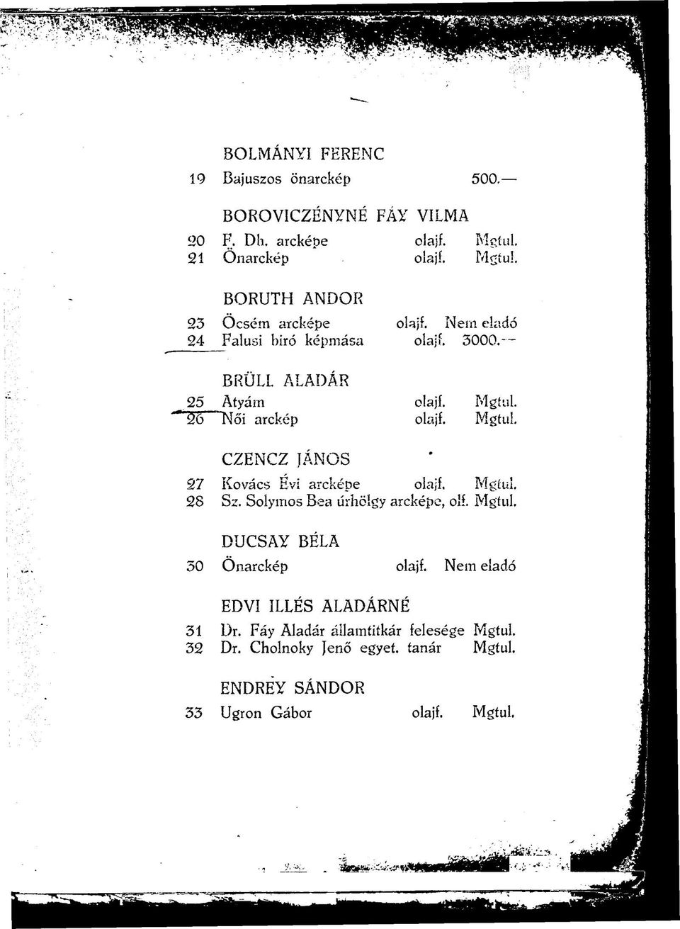 Mgtul. 28 Sz. Solymos Bea úrhölgy arcképe, olf. Mgtul. DUCSAY BÉLA 50 Önarckép olajf. Nem eladó EDVI ILLÉS ALADÁRNÉ 51 Dr.