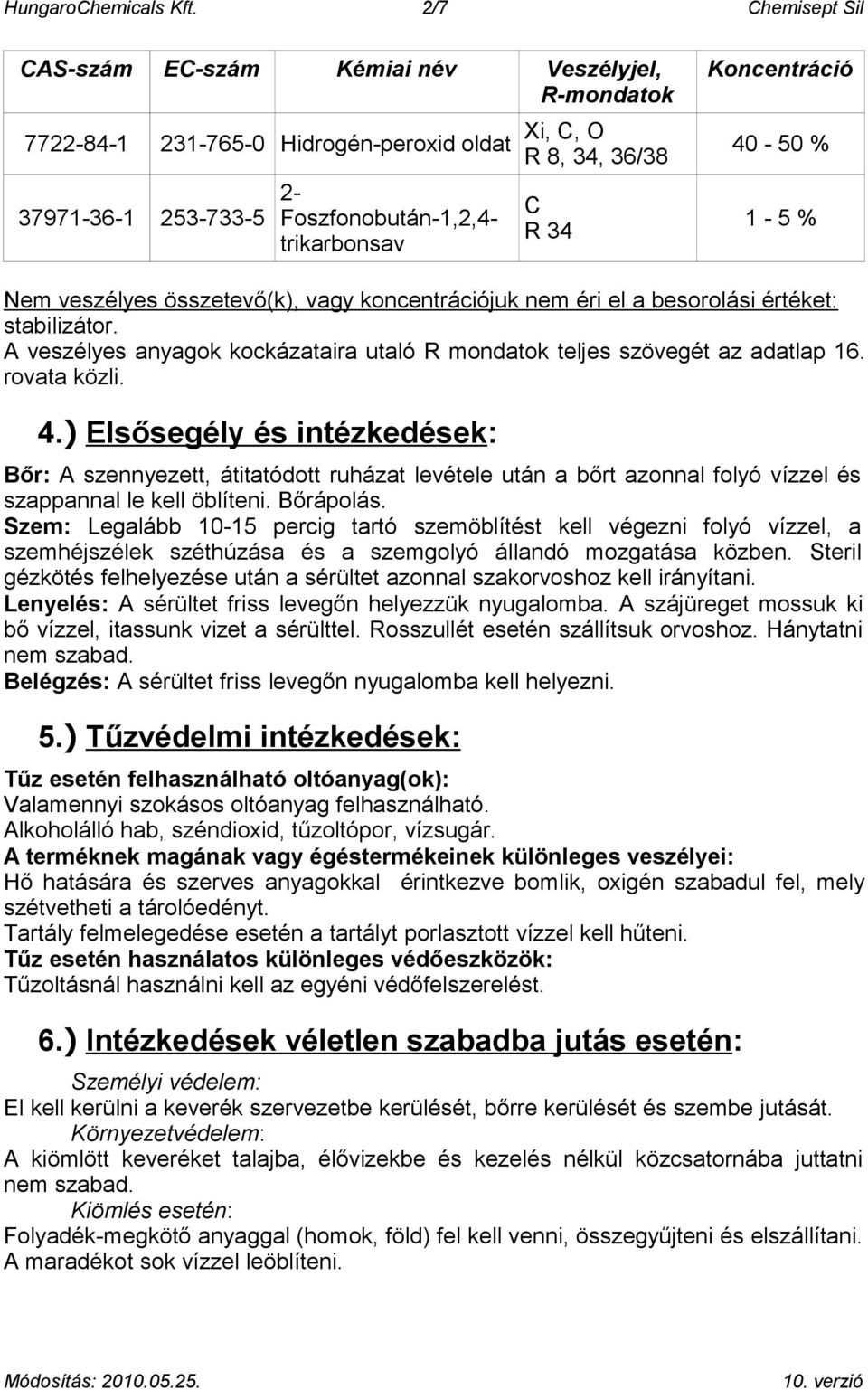 Koncentráció 40-50 % 1-5 % Nem veszélyes összetevő(k), vagy koncentrációjuk nem éri el a besorolási értéket: stabilizátor.