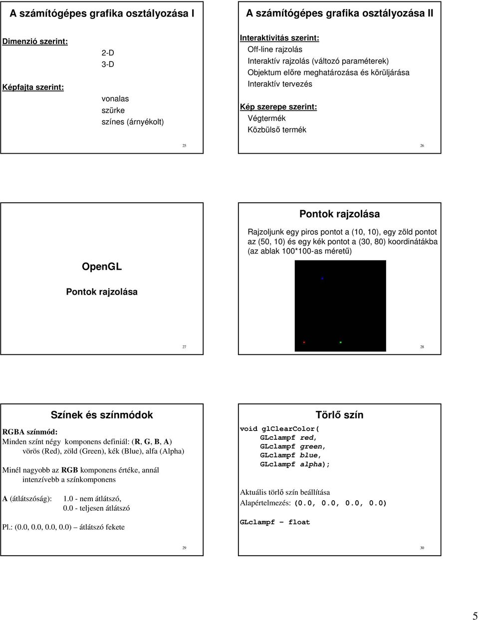 (5, ) és eg kék pontot a (3, 8) koorinátákba (a ablak *-as méretű) OpenGL Pontok rajolása 27 28 Sínek és sínmóok RGBA sínmó: Minen sínt nég komponens efiniál: (R, G, B, A) vörös (Re), öl (Green), kék