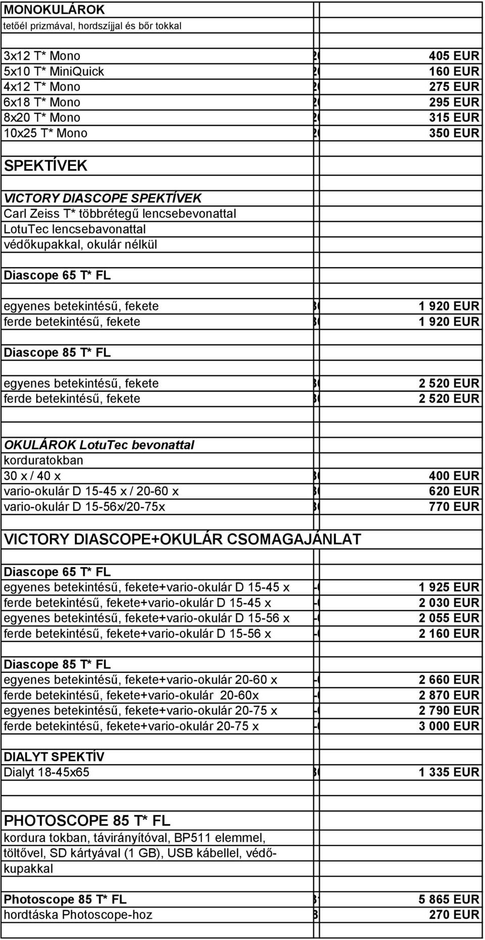 betekintésű, fekete 52 80 62 1 920 EUR ferde betekintésű, fekete 52 80 63 1 920 EUR Diascope 85 T* FL egyenes betekintésű, fekete 52 80 64 2 520 EUR ferde betekintésű, fekete 52 80 65 2 520 EUR