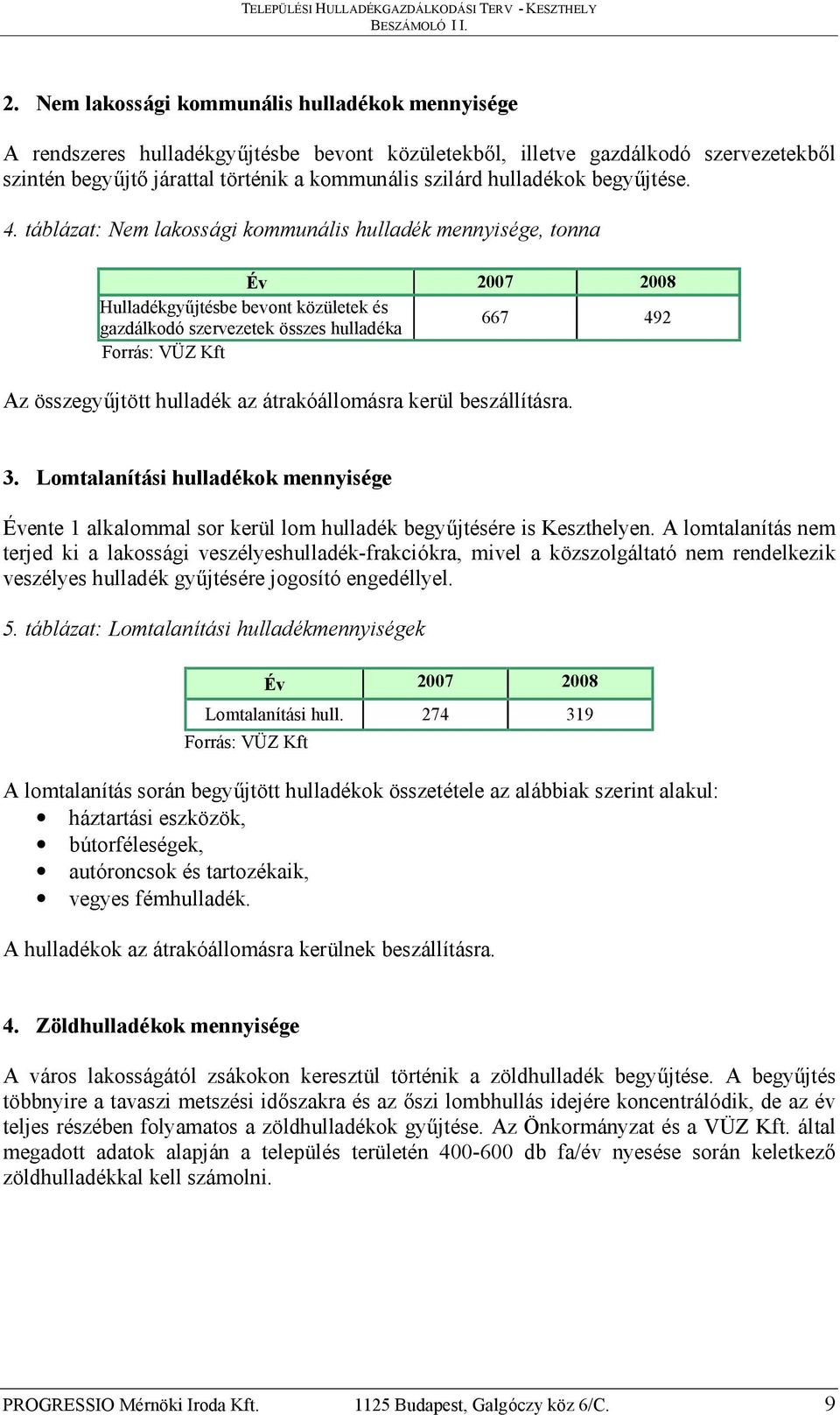 táblázat: Nem lakossági kommunális hulladék mennyisége, tonna Év 2007 2008 Hulladékgyűjtésbe bevont közületek és gazdálkodó szervezetek összes hulladéka 667 492 Forrás: VÜZ Kft Az összegyűjtött