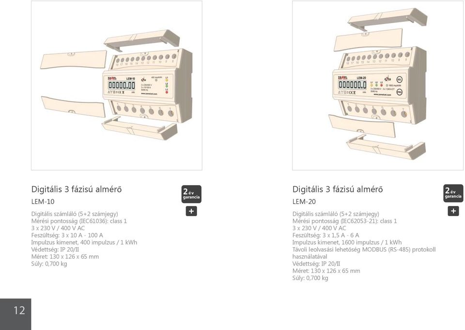 Digitális számláló (5+2 számjegy) Mérési pontosság (IEC62053-21): class 1 3 x 230 V / 400 V AC Feszültség: 3 x 1,5 A - 6 A Impulzus kimenet, 1600