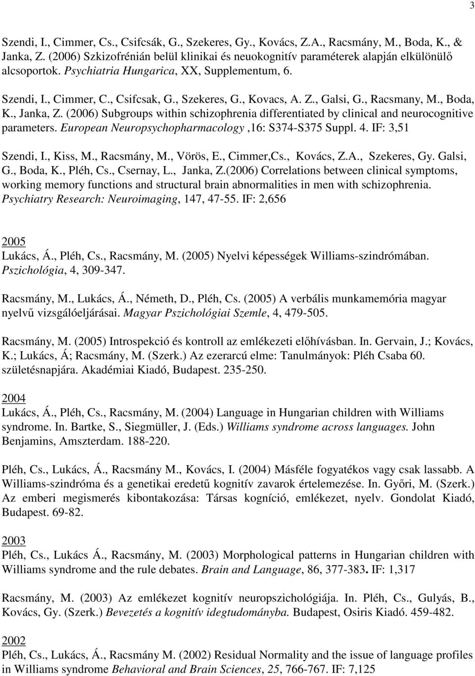 , Kovacs, A. Z., Galsi, G., Racsmany, M., Boda, K., Janka, Z. (2006) Subgroups within schizophrenia differentiated by clinical and neurocognitive parameters.