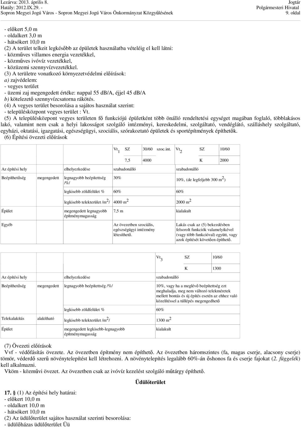 (3) A területre vonatkozó környezetvédelmi elıírások: a) zajvédelem: - vegyes terület - üzemi zaj megengedett értéke: nappal 55 db/a, éjjel 45 db/a b) kötelezetı szennyvízcsatorna rákötés.