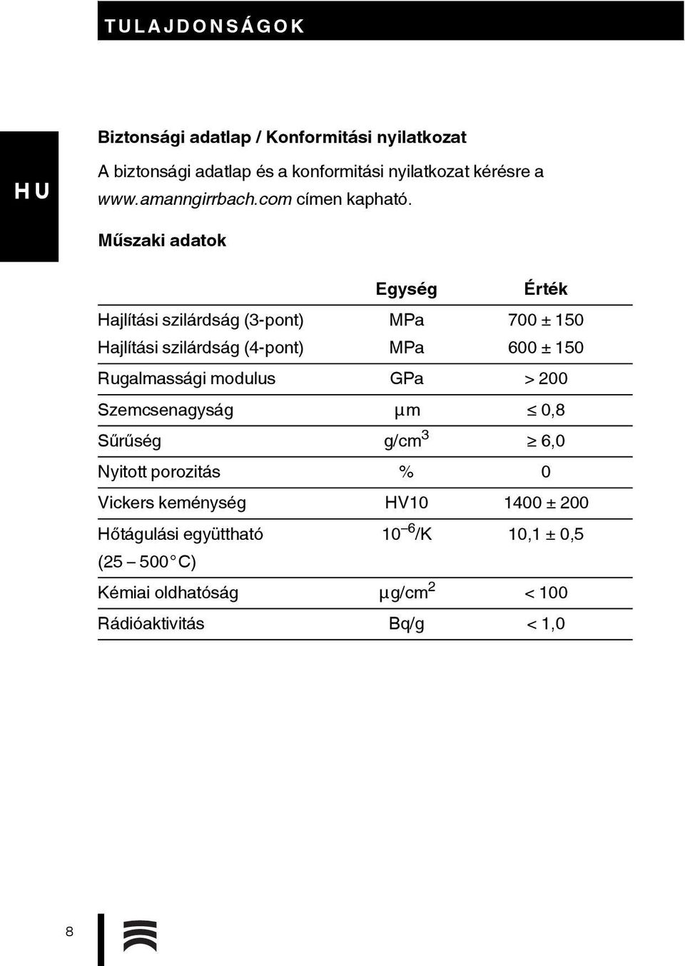 Műszaki adatok Egység Érték Hajlítási szilárdság (3-pont) Hajlítási szilárdság (4-pont) MPa MPa 700 ± 150 600 ± 150 Rugalmassági