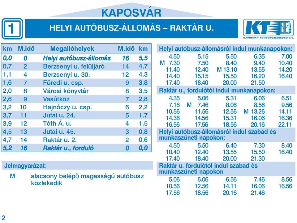 , forduló 0 5,5 4,7 4,3 3,8 3,5 2,8 2,2 1,7 1,5 0,8 0,6 alacsony belépő magasságú autóbusz közlekedik Helyi autóbusz-állomásról indul munkanapokon: 4.50 5.15 5.50 6.35 7.00 M 7.30 7.50 8.40 9.40 10.